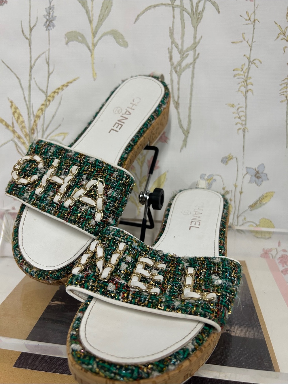 CHANEL Green Tweed Espadrille Slide Sandals with Gold Chain Logo
